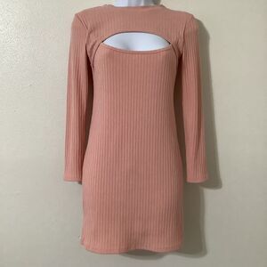 Yi Lhi Lian Pink Ribbed Bodycon Glam Club Feminine Keyhole Neck Mini Dress S